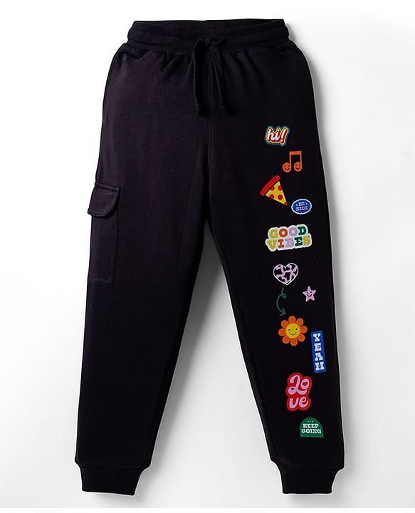 Pine Kids Knit Full Length Lounge Pant with Good Vibes Print - Black