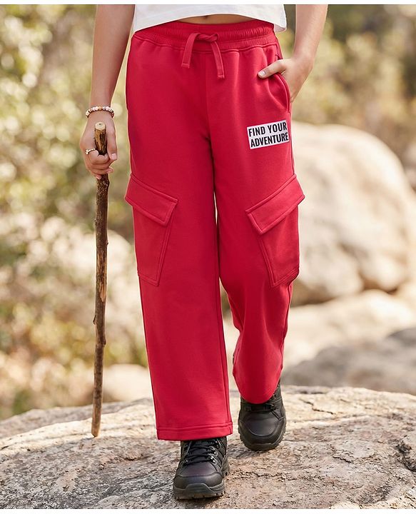 Pine Kids Knit Full Length Lounge Pant With Find Your Adventure Text Print With Pockets - Red