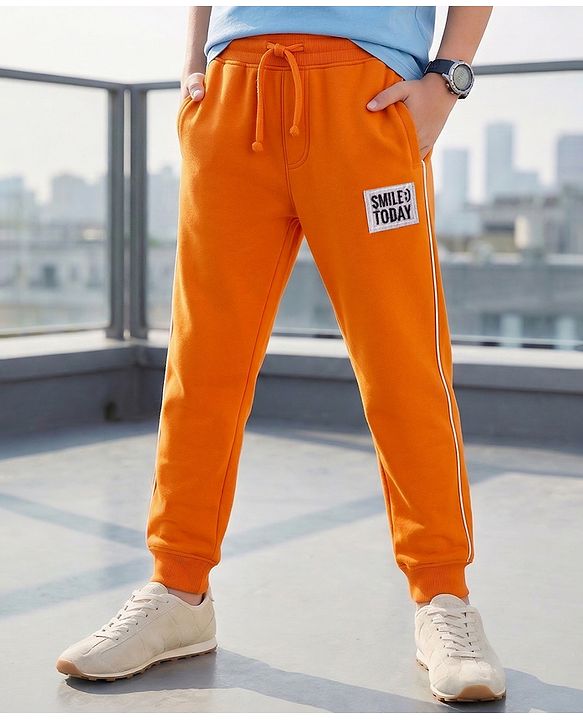 Pine Kids Knit Full Length Lounge Pant With Text Badge - Orange
