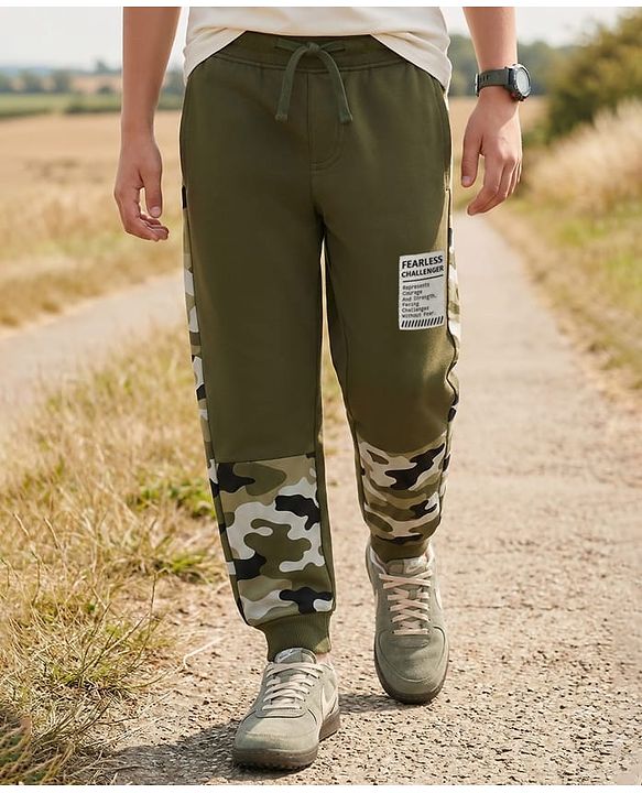 Pine Kids Knit Full Length Lounge Pant With Camouflage & Text Print - Olive Green