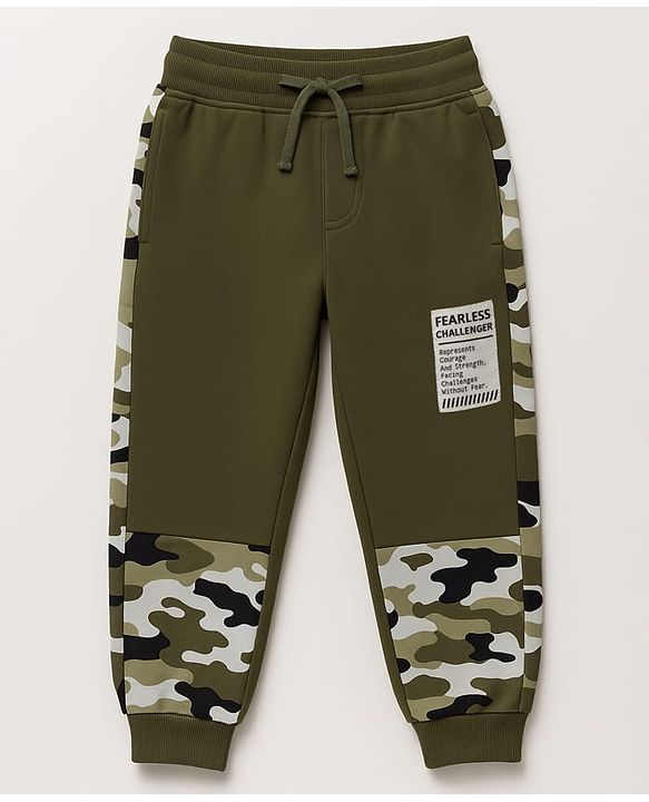 Pine Kids Knit Full Length Lounge Pant With Camouflage & Text Print - Olive Green