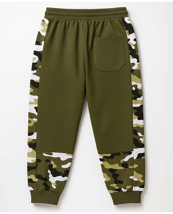 Pine Kids Knit Full Length Lounge Pant With Camouflage & Text Print - Olive Green