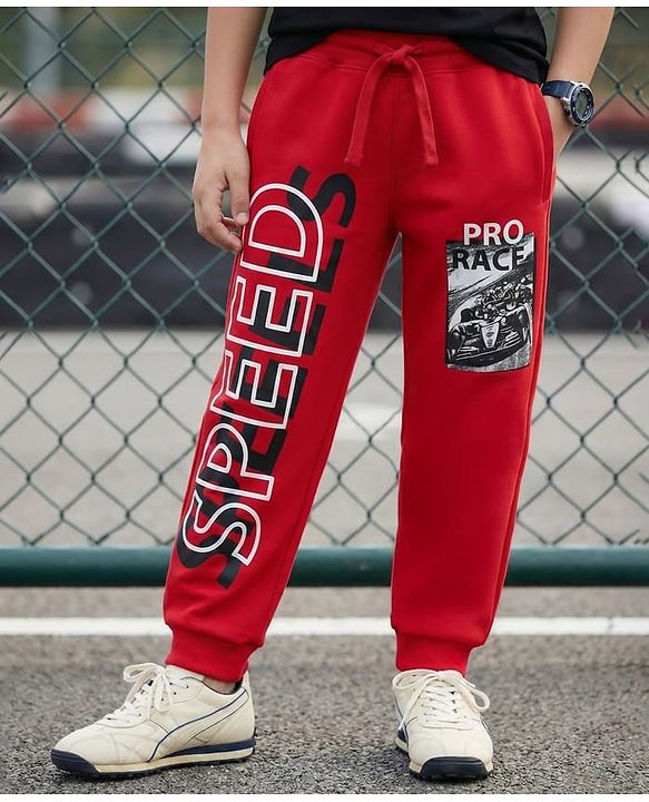 Pine Kids Knit Full Length Lounge Pant With Text Print - Red