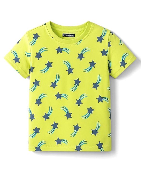 Pine Kids Single Jersey Knit Half Sleeves Co-ords Shorts Night Suit with Star Print - Lime Green
