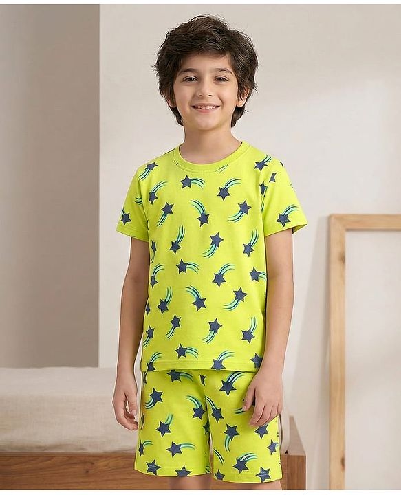 Pine Kids Single Jersey Knit Half Sleeves Co-ords Shorts Night Suit with Star Print - Lime Green