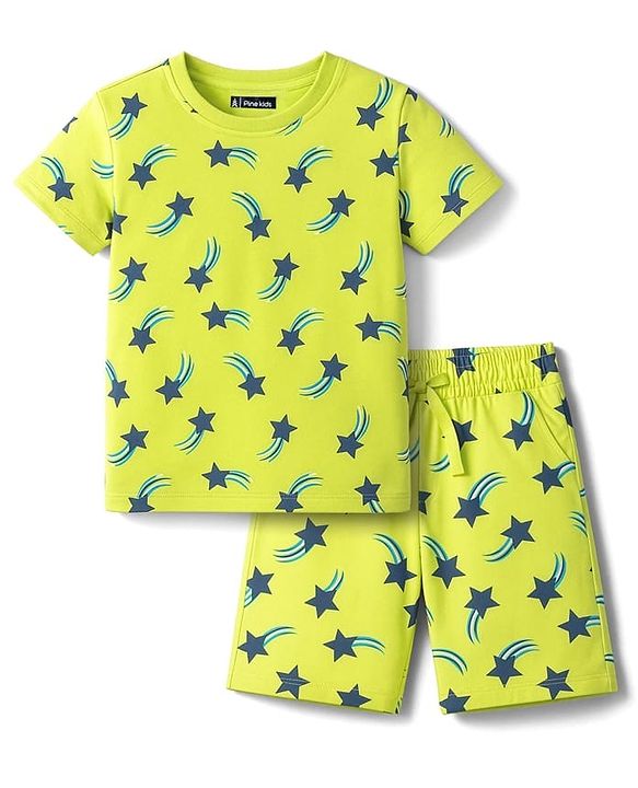 Pine Kids Single Jersey Knit Half Sleeves Co-ords Shorts Night Suit with Star Print - Lime Green