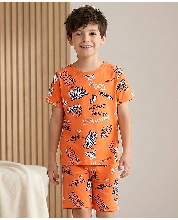 Pine Kids Single Jersey Knit Half Sleeves Shorts Night Suit With Text Print - Orange