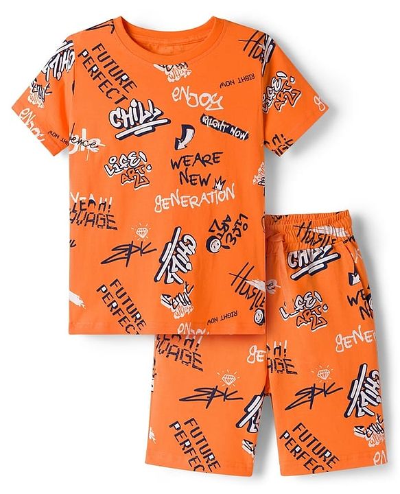 Pine Kids Single Jersey Knit Half Sleeves Shorts Night Suit With Text Print - Orange