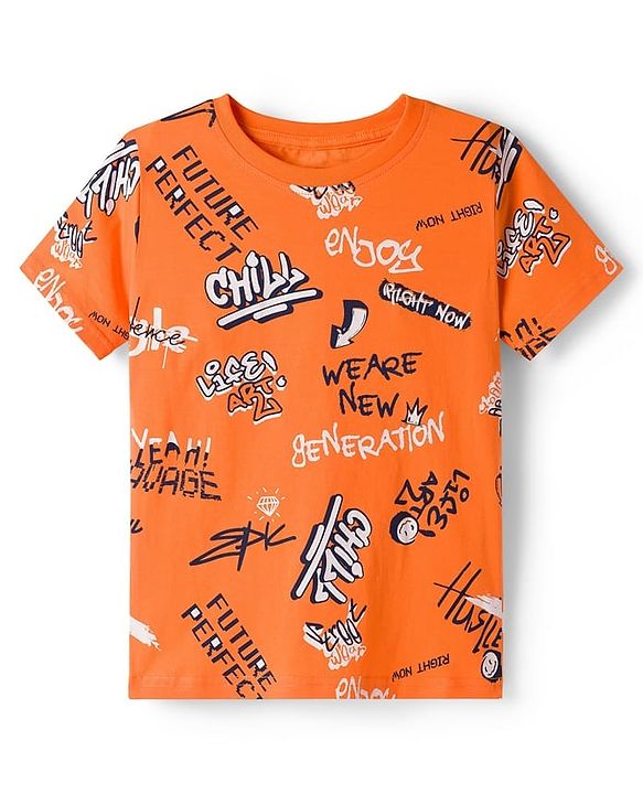 Pine Kids Single Jersey Knit Half Sleeves Shorts Night Suit With Text Print - Orange