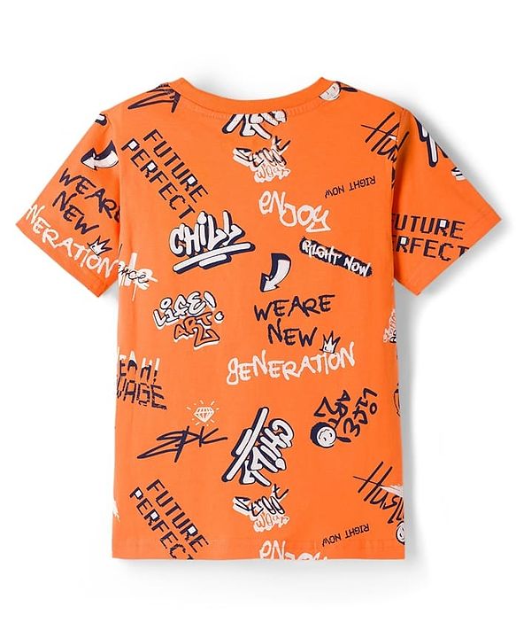 Pine Kids Single Jersey Knit Half Sleeves Shorts Night Suit With Text Print - Orange