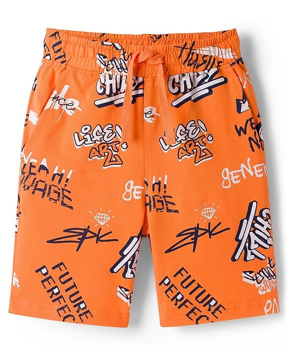 Pine Kids Single Jersey Knit Half Sleeves Shorts Night Suit With Text Print - Orange