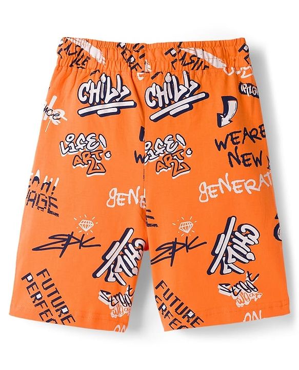 Pine Kids Single Jersey Knit Half Sleeves Shorts Night Suit With Text Print - Orange