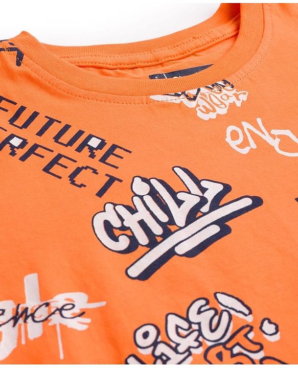 Pine Kids Single Jersey Knit Half Sleeves Shorts Night Suit With Text Print - Orange