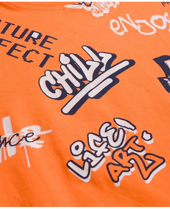 Pine Kids Single Jersey Knit Half Sleeves Shorts Night Suit With Text Print - Orange