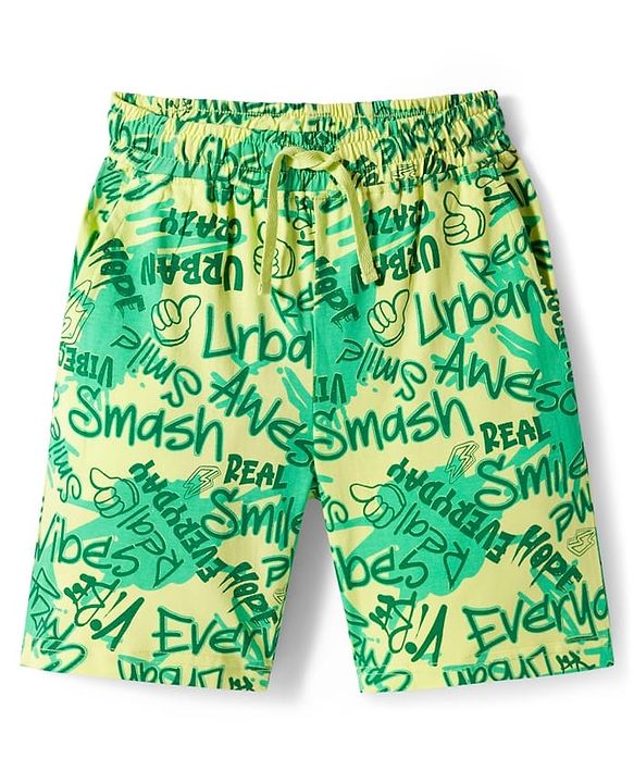 Pine Kids Single Jersey Knit Shorts Night Suit With Text Print - Lime Green