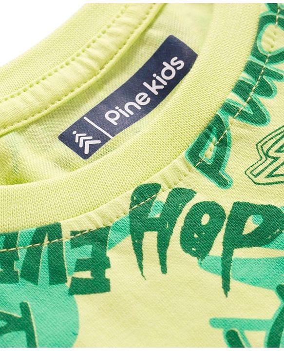 Pine Kids Single Jersey Knit Shorts Night Suit With Text Print - Lime Green