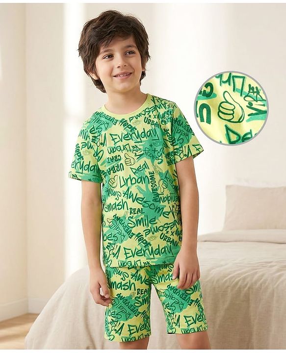 Pine Kids Single Jersey Knit Shorts Night Suit With Text Print - Lime Green