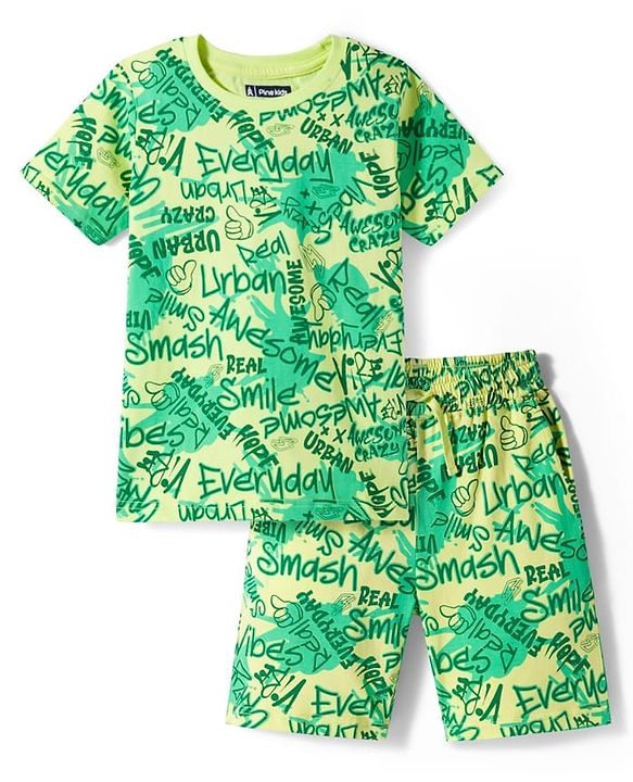 Pine Kids Single Jersey Knit Shorts Night Suit With Text Print - Lime Green