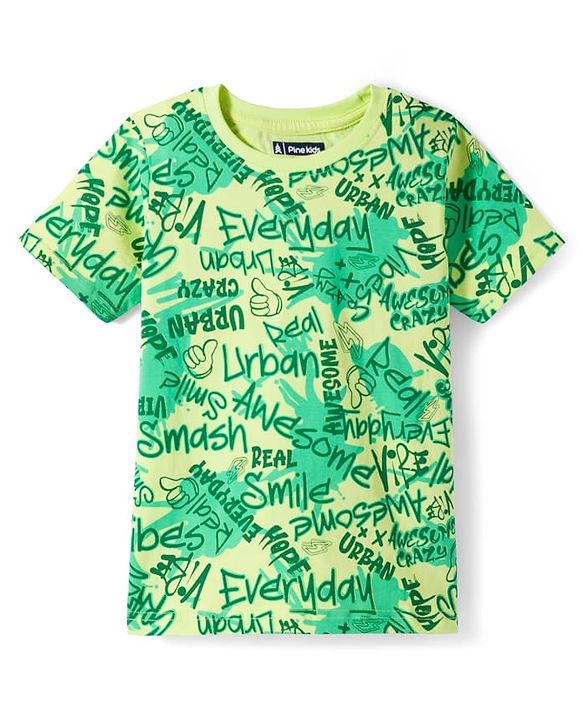 Pine Kids Single Jersey Knit Shorts Night Suit With Text Print - Lime Green