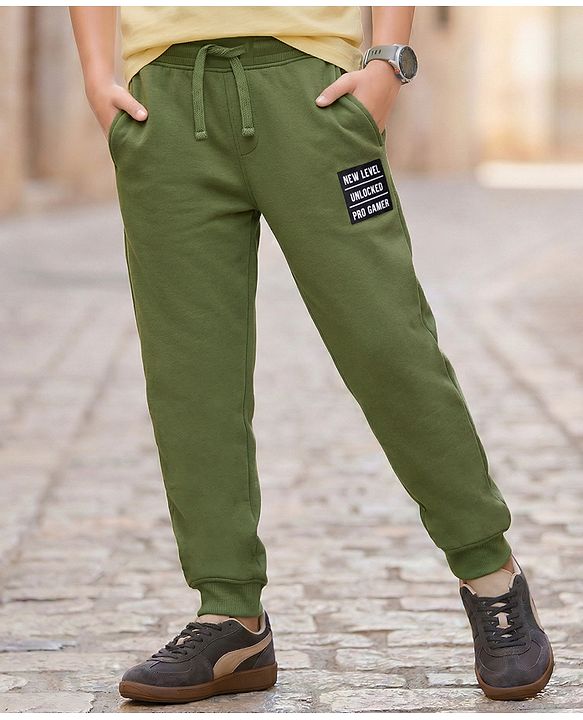 Pine Kids Knit Full Length Lounge Pant With Text Print - Olive Green