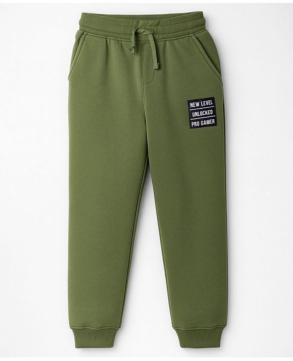 Pine Kids Knit Full Length Lounge Pant With Text Print - Olive Green