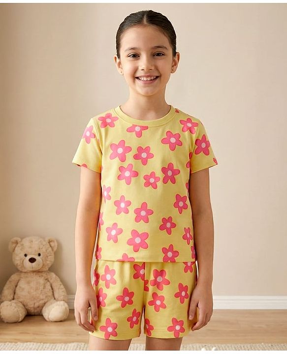 Pine Kids Single Jersey Knit Half Sleeves Co-ords Shorts Night Suit with Floral Print - Lemon