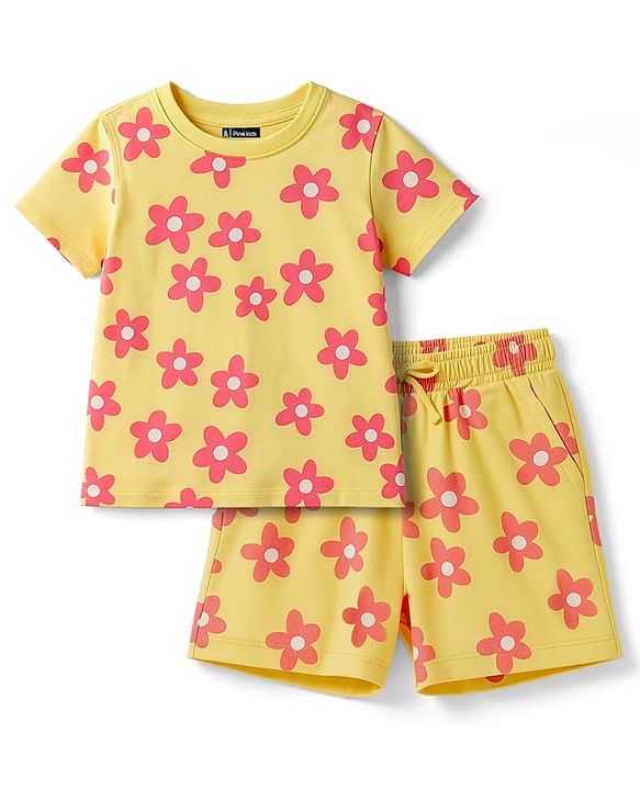 Pine Kids Single Jersey Knit Half Sleeves Co-ords Shorts Night Suit with Floral Print - Lemon