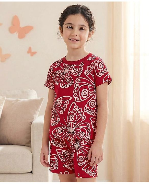 Pine Kids Single Jersey Knit Half Sleeves Co-ords Shorts Night Suit with Butterfly Print - Red