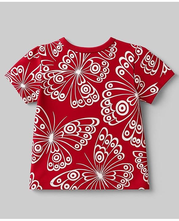 Pine Kids Single Jersey Knit Half Sleeves Co-ords Shorts Night Suit with Butterfly Print - Red