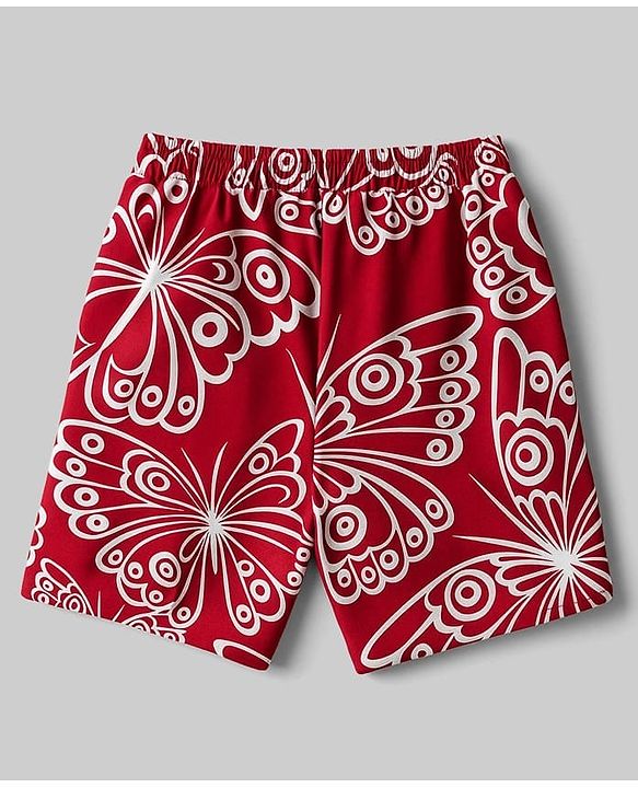 Pine Kids Single Jersey Knit Half Sleeves Co-ords Shorts Night Suit with Butterfly Print - Red