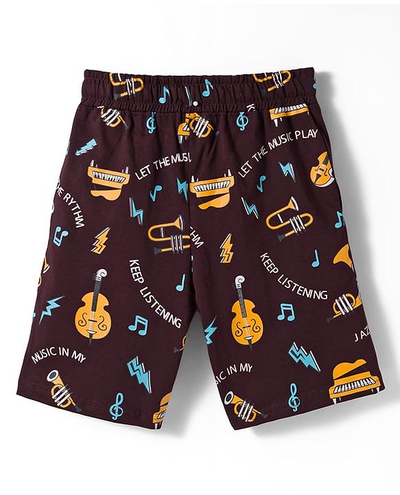 Pine Kids 100% Cotton Knit Half Sleeves Musical Theme Printed T-Shirt & Shorts Night Suit - Yellow