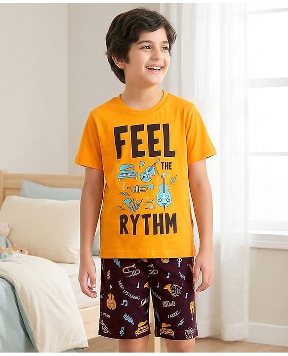 Pine Kids 100% Cotton Knit Half Sleeves Musical Theme Printed T-Shirt & Shorts Night Suit - Yellow