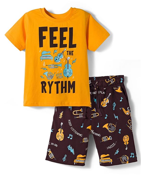 Pine Kids 100% Cotton Knit Half Sleeves Musical Theme Printed T-Shirt & Shorts Night Suit - Yellow