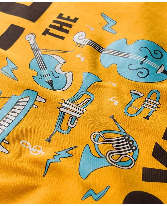 Pine Kids 100% Cotton Knit Half Sleeves Musical Theme Printed T-Shirt & Shorts Night Suit - Yellow