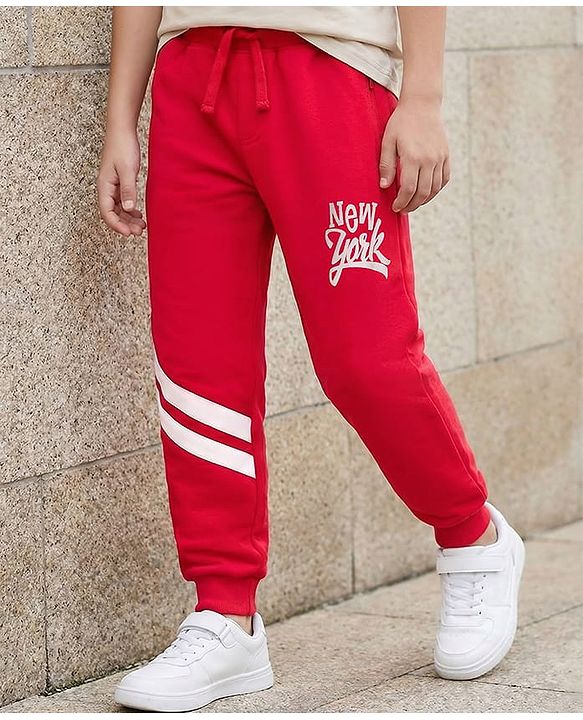 Pine Kids Knit Full Length Lounge Pant with Text Print - Red