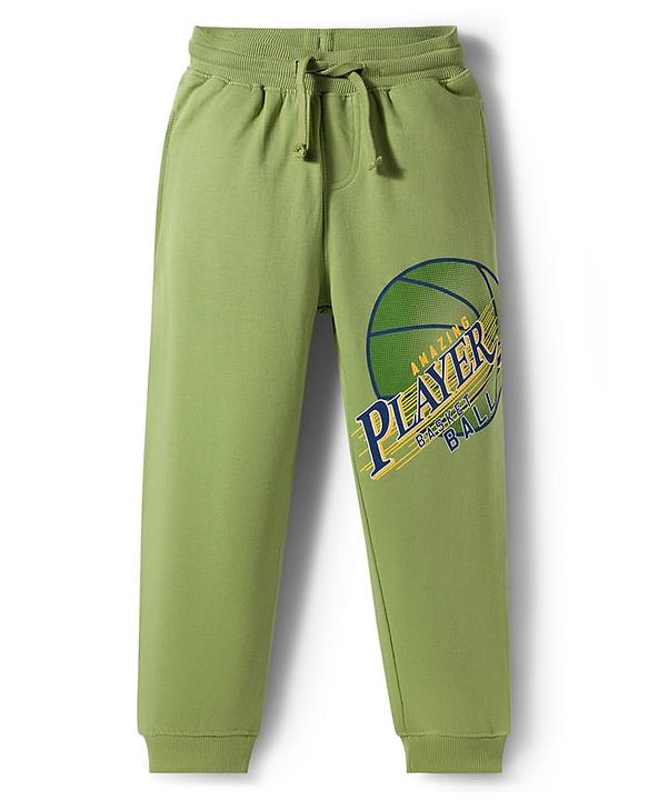 Pine Kids Knit Full Length Lounge Pant with Text Print - Olive Green