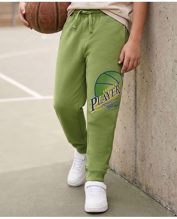 Pine Kids Knit Full Length Lounge Pant with Text Print - Olive Green