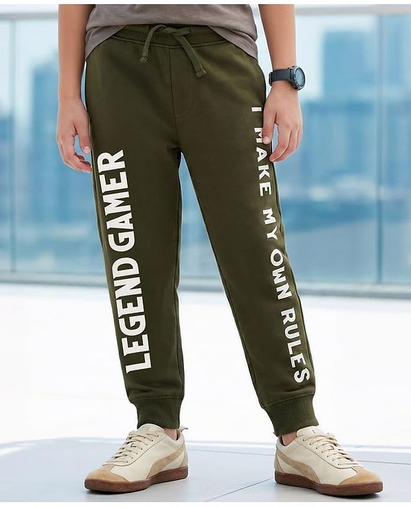 Pine Kids Knit Full Length Lounge Pant With Text Print - Olive Green
