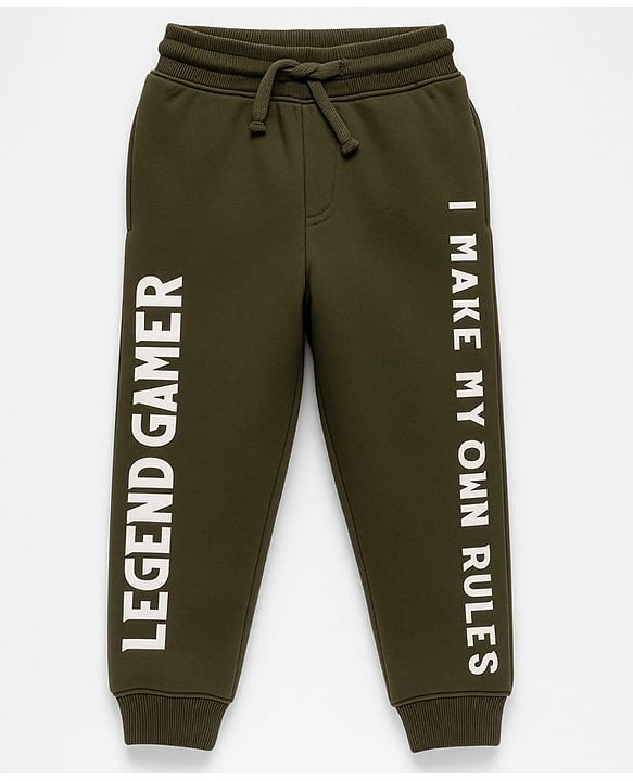Pine Kids Knit Full Length Lounge Pant With Text Print - Olive Green