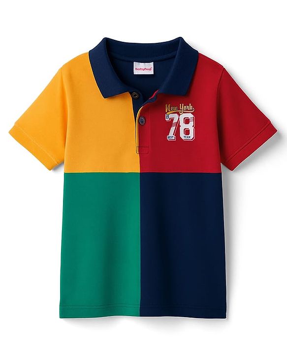 Babyhug Cotton Knit Half Sleeves Cut & Sew Polo T-Shirt with Text Graphic - Multicolor