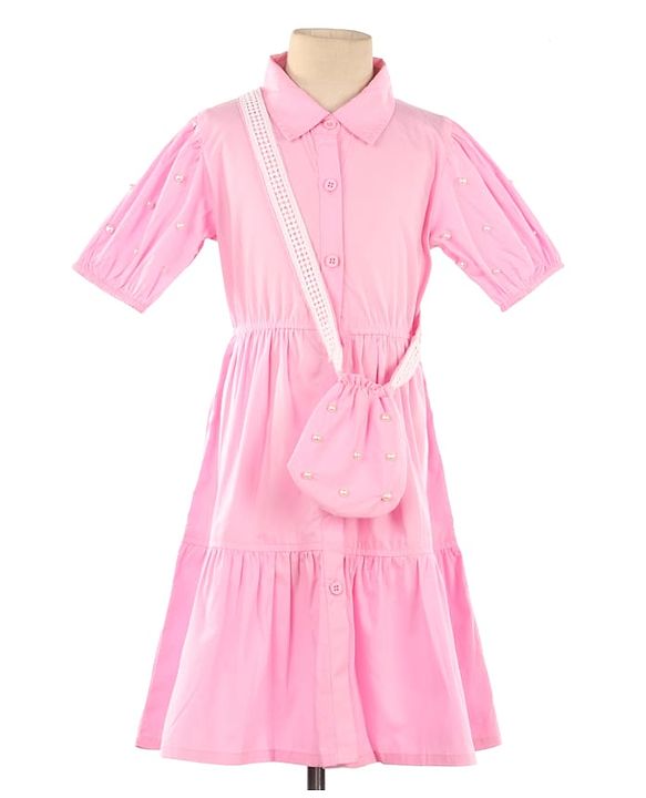 Pine Kids Woven Half Sleeves Solid Color Shirt Style Frock with Sling Bag - Pink