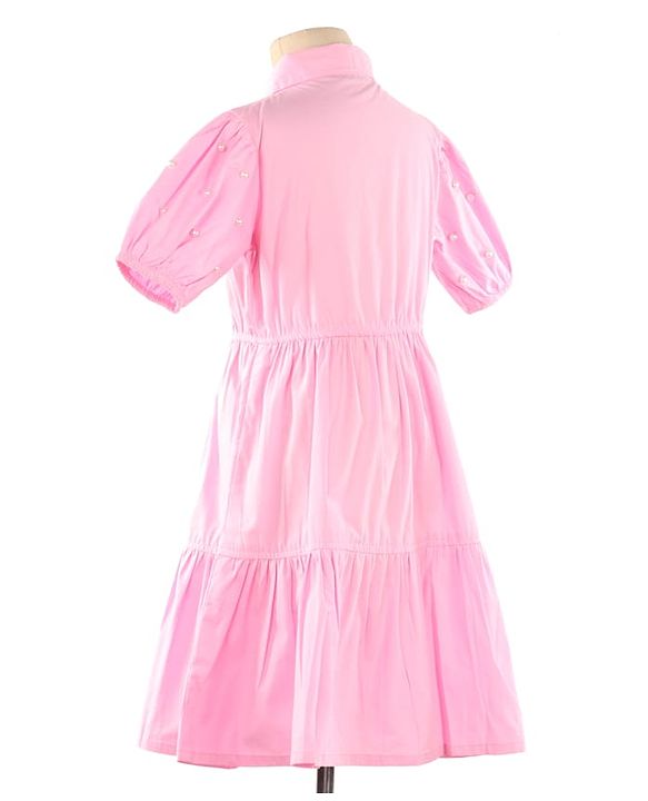 Pine Kids Woven Half Sleeves Solid Color Shirt Style Frock with Sling Bag - Pink