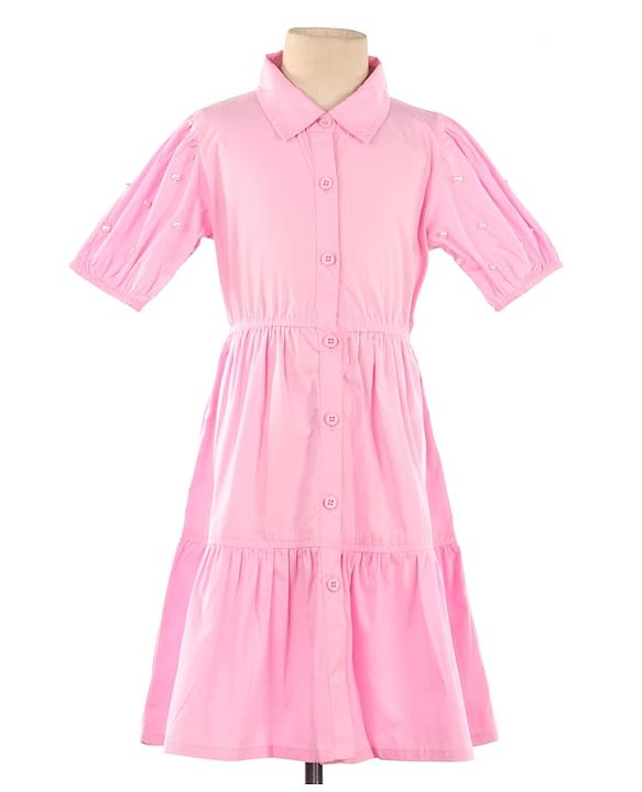 Pine Kids Woven Half Sleeves Solid Color Shirt Style Frock with Sling Bag - Pink