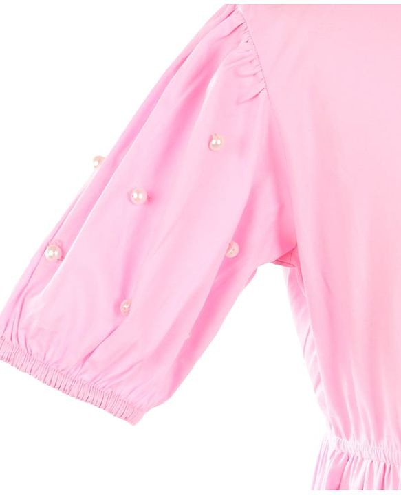 Pine Kids Woven Half Sleeves Solid Color Shirt Style Frock with Sling Bag - Pink