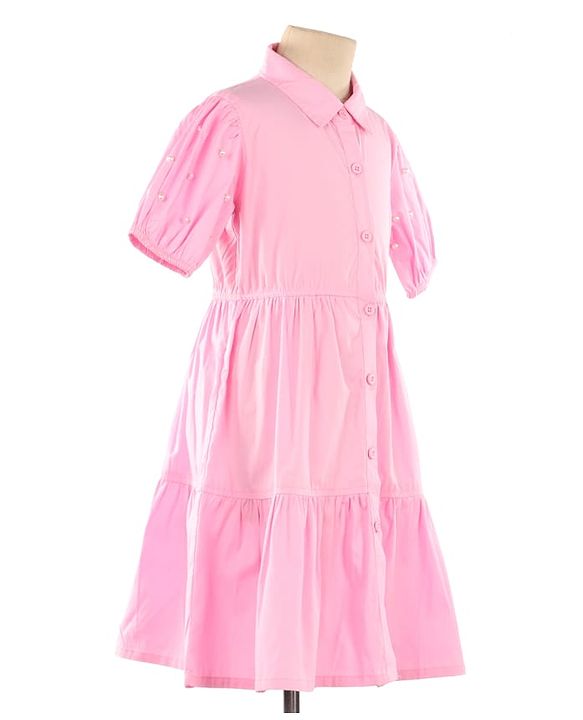 Pine Kids Woven Half Sleeves Solid Color Shirt Style Frock with Sling Bag - Pink