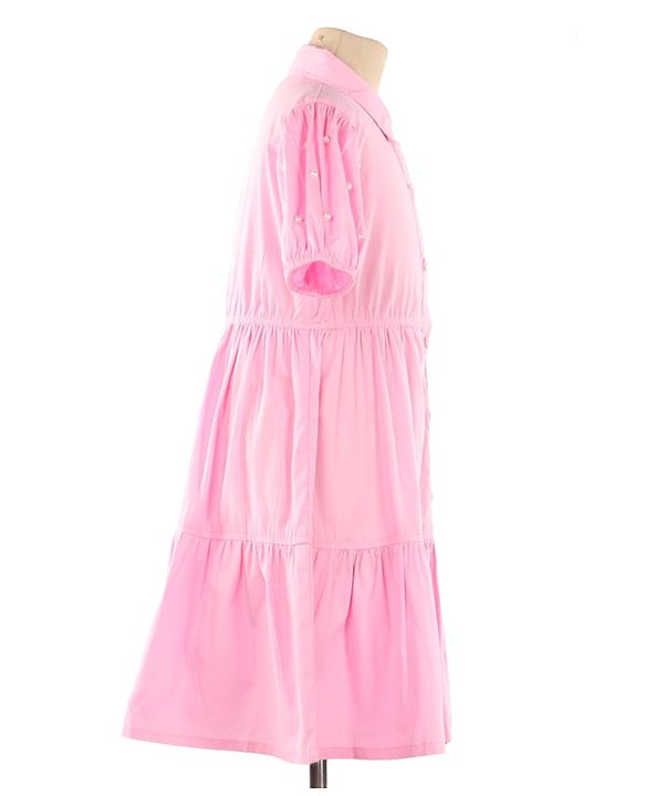 Pine Kids Woven Half Sleeves Solid Color Shirt Style Frock with Sling Bag - Pink