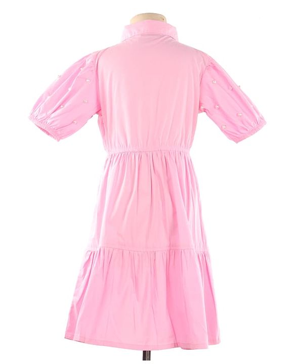 Pine Kids Woven Half Sleeves Solid Color Shirt Style Frock with Sling Bag - Pink