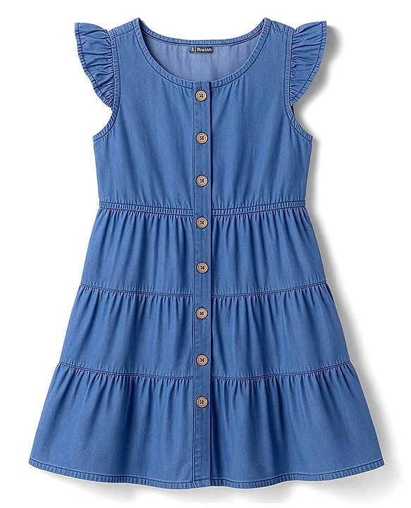 Pine Kids Cotton Woven Frill Sleeves Solid Frock - Blue