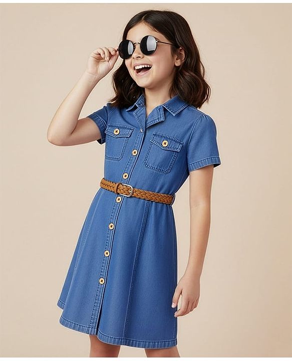 Pine Kids Cotton Woven Half Sleeves Solid Shirt Dress With Belt - Blue