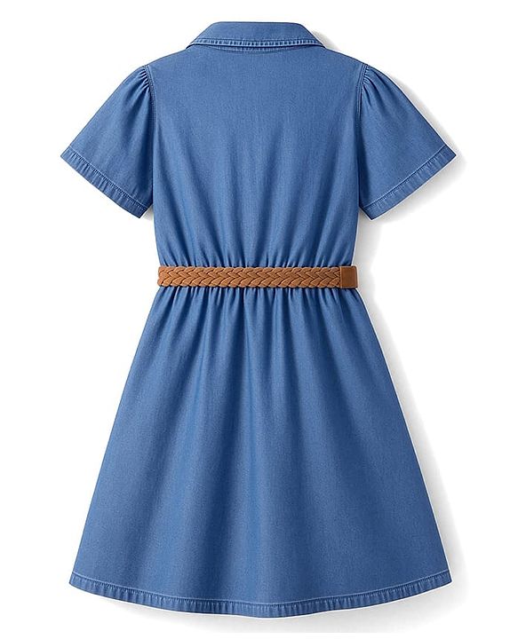 Pine Kids Cotton Woven Half Sleeves Solid Shirt Dress With Belt - Blue